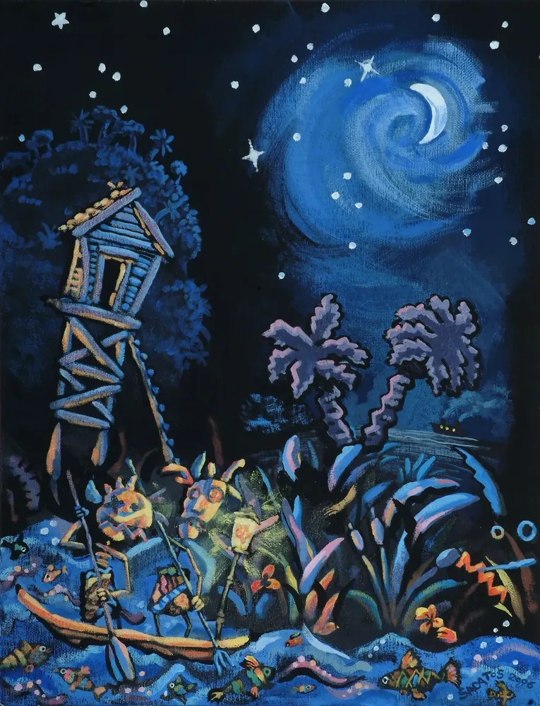 Steven Sacatos: night scene under a crescent moon