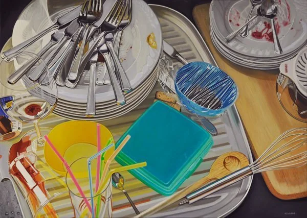 Marcel Weber: Abwasch (dishes), photorealistic painting